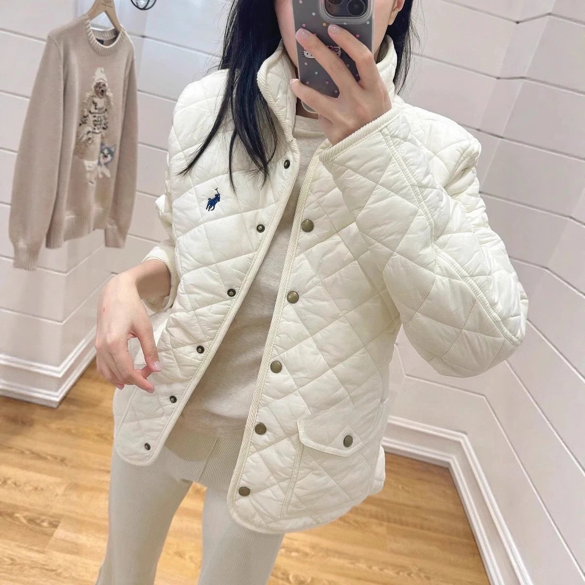 Polo Pony Logo Cream White Diamond Quilted Stand Collar Jacket Kakobuy spreadsheet find